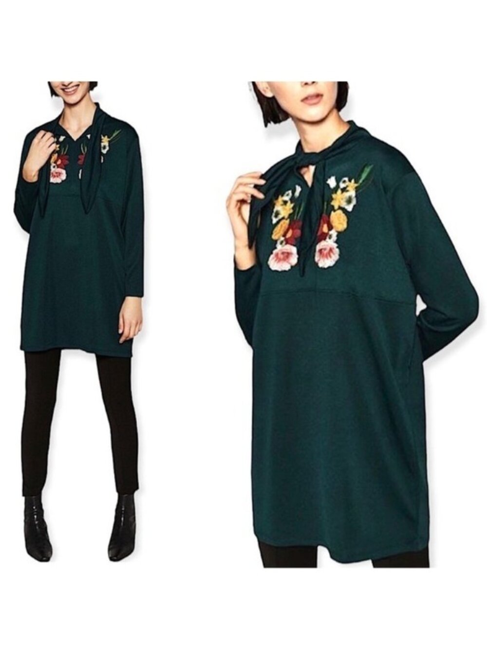 Zara Cottage Core Emerald Green Embroidered Floral Tie Front Tunic Mini Dress